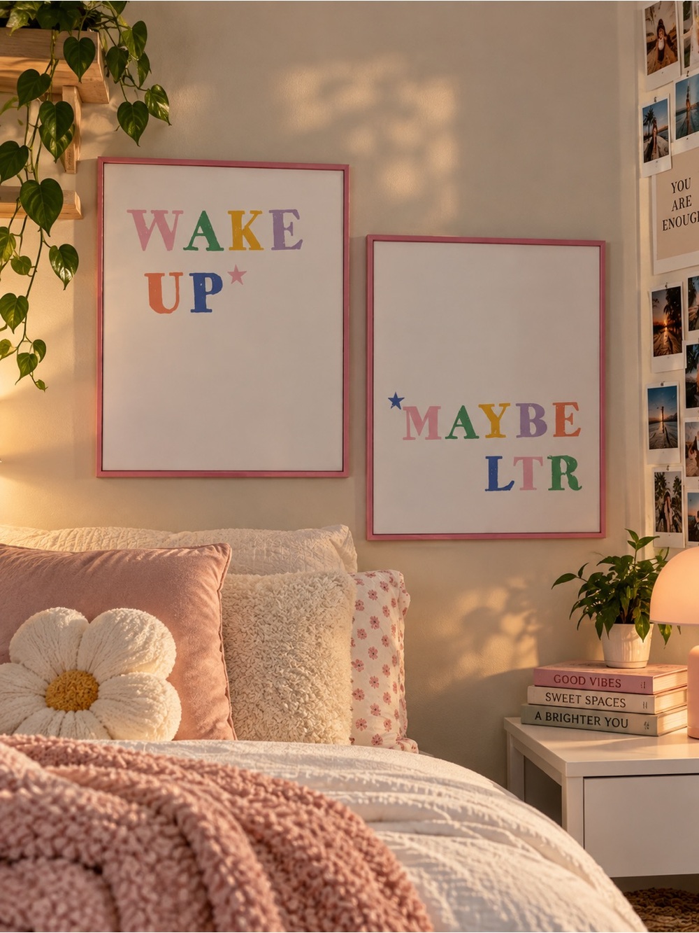 Wall Art Set - Pink Framed 'Wake Up' & 'Maybe' Prints